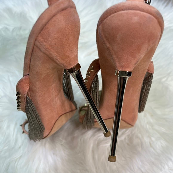 EUC [Brian Atwood] Pink Suede Stilettos + Metal Fringe & Spikes | 9 · 40 · 9.5 - Picture 9 of 12